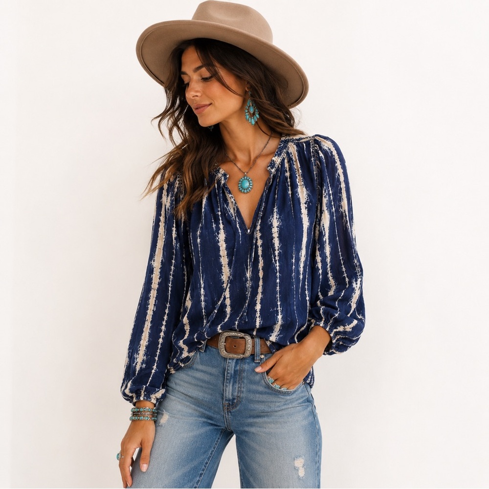 Knox Rose Blue Tie Dye Peasant Blouse Balloon Sleeves Boho Festival Top Small